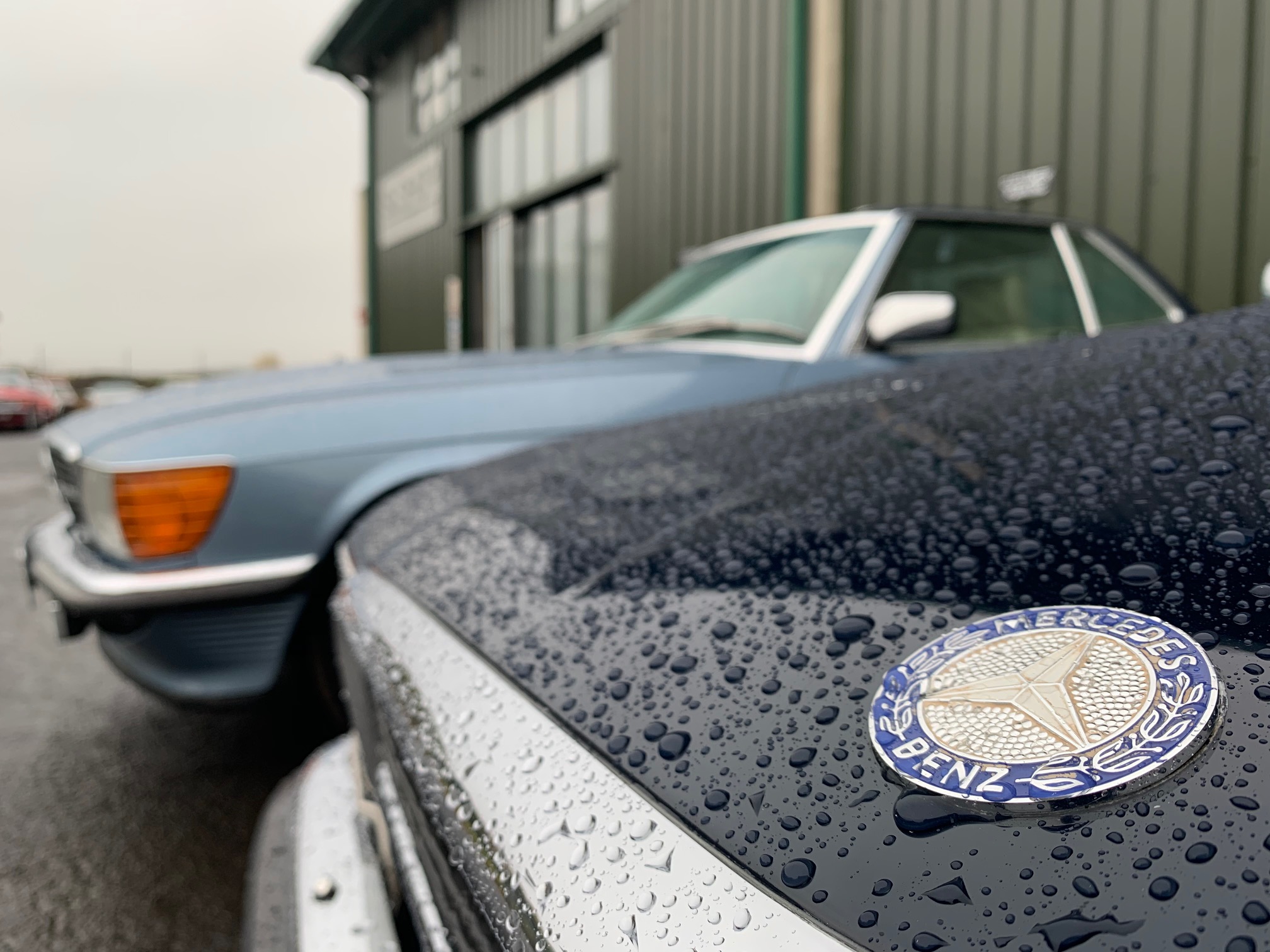 classic mercedes in the rain