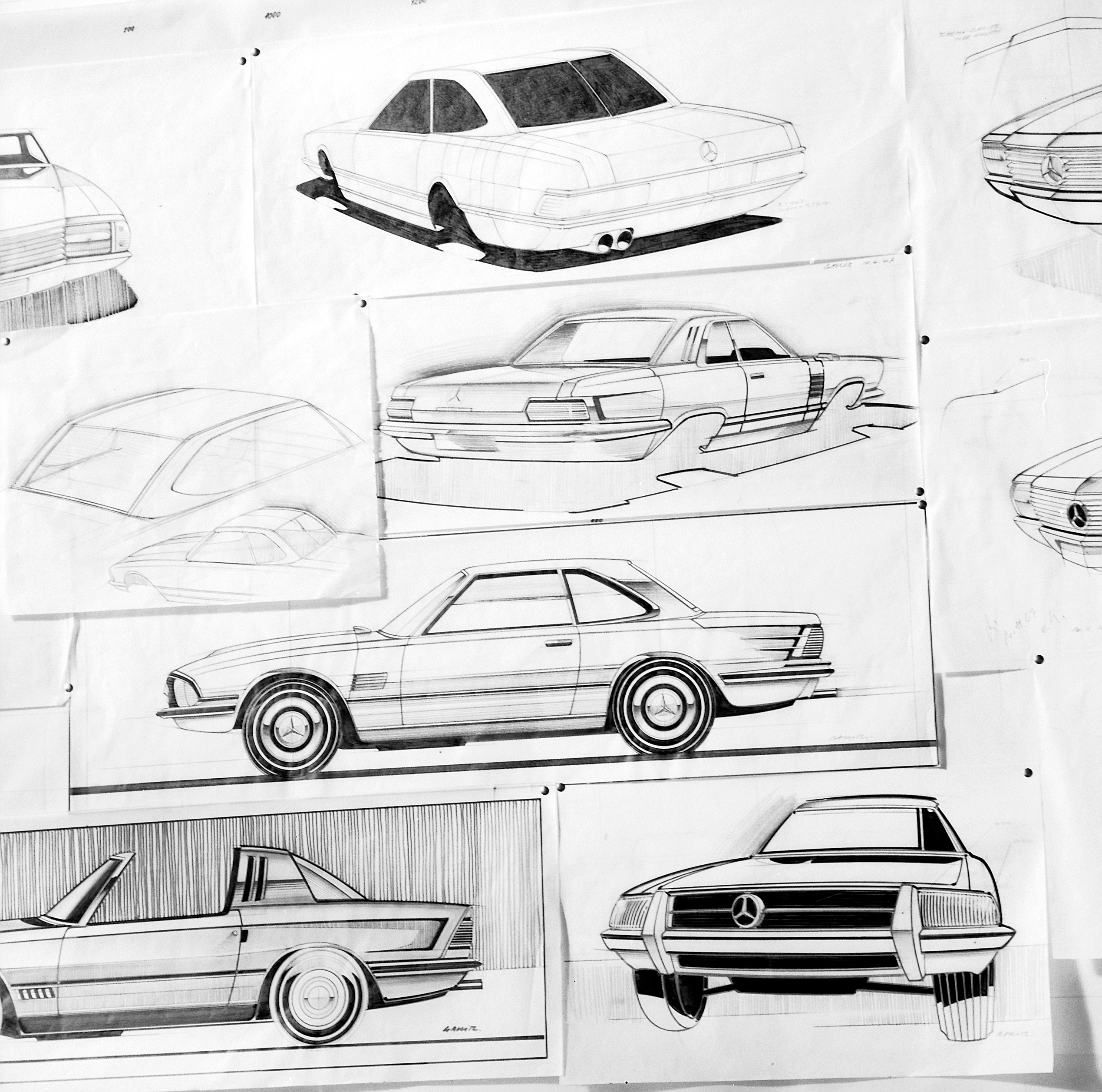 Conceptual sketches from the R107 design department that were not realised, but details of which echo actual styling features.