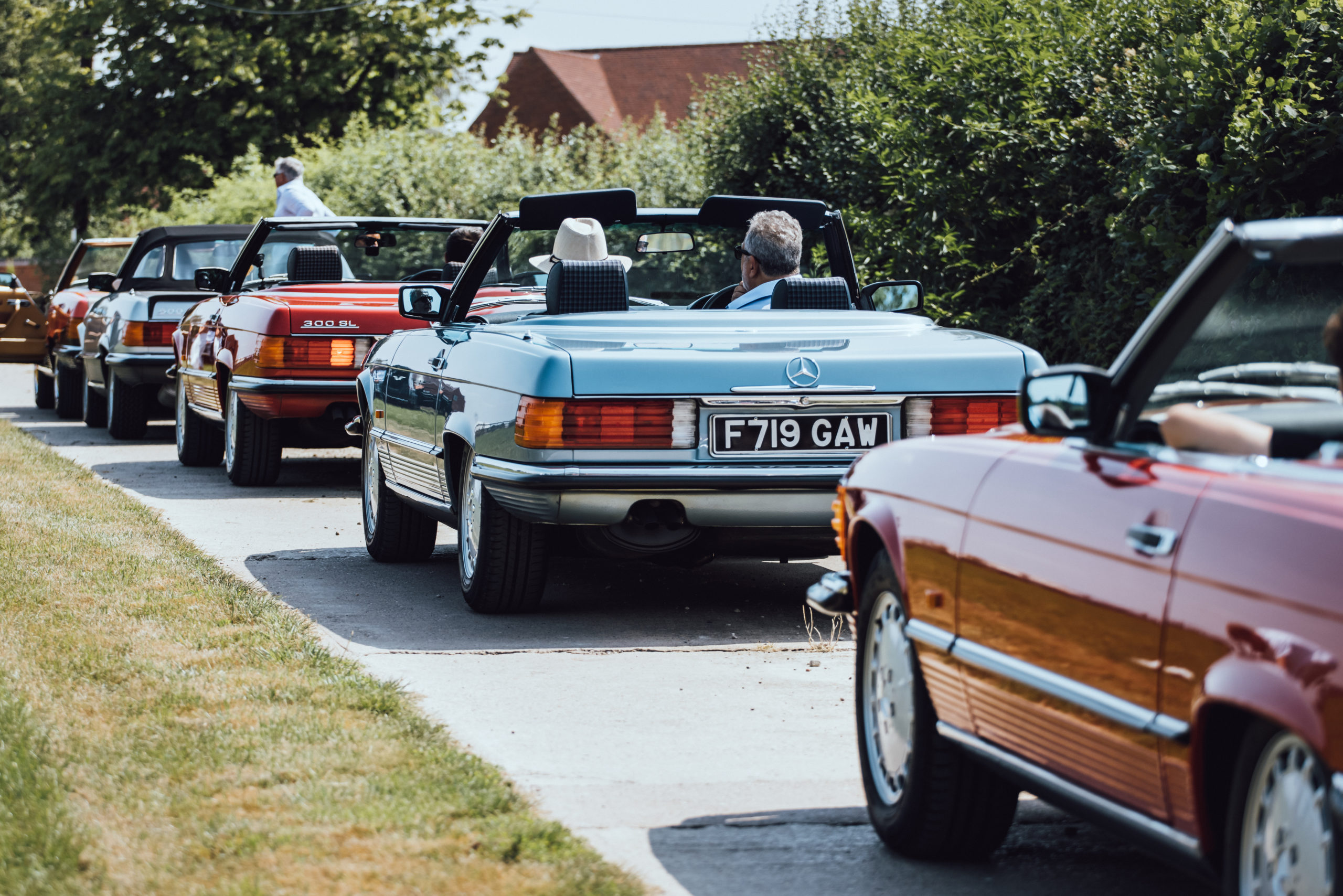 A convoy of Mercedes Convertibles at SLSHOP's 50th Anniversary event.