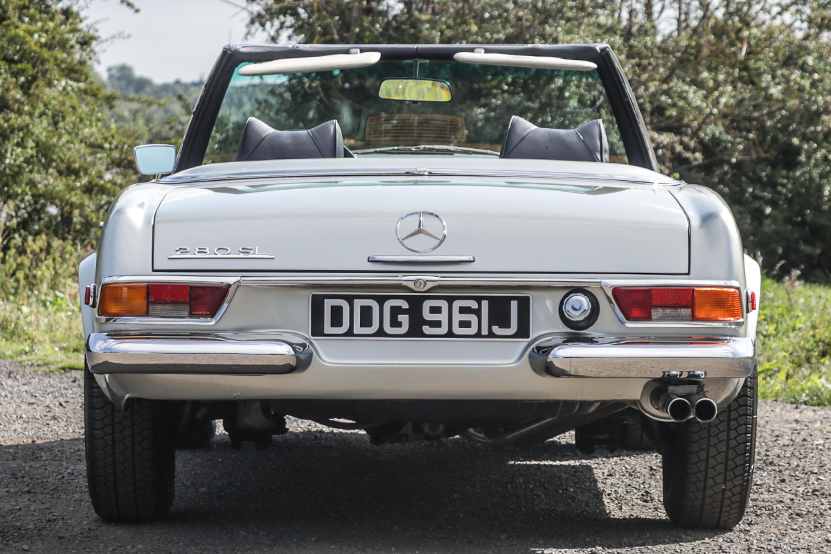 Rear of a 1970s Mercedes 280SL in Silver